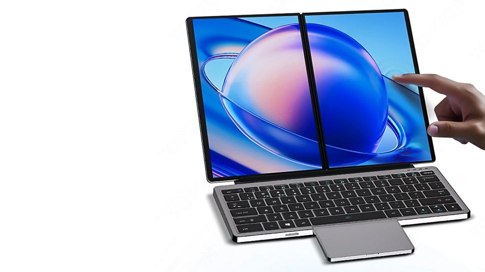 This dual screen laptop has something I’ve never seen in any notebook: a retractable hidden touchpad